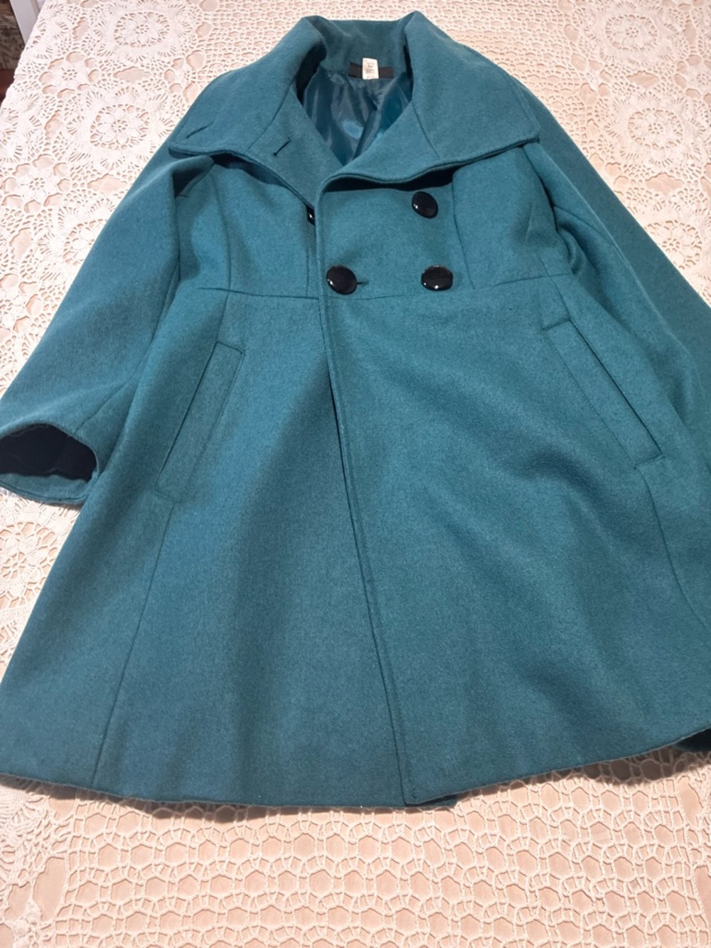 Women’s S Teal Mid-Length Pea Coat Bow Accent Double-Breasted Collared Long slv - Picture 2 of 14